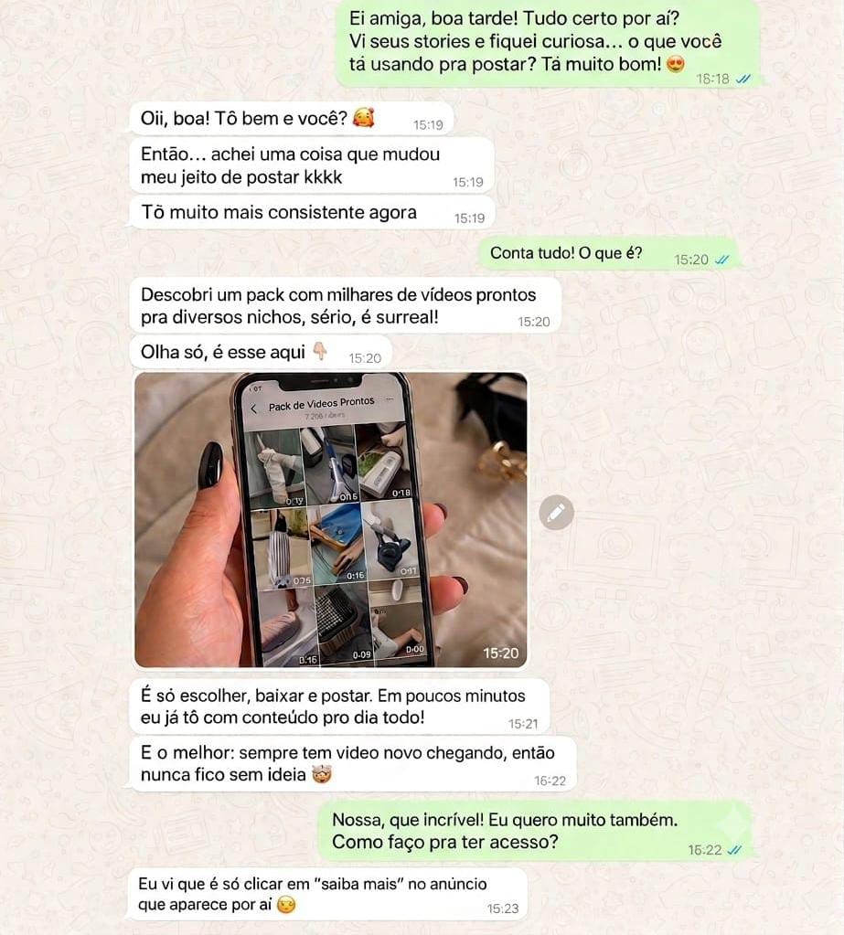 Conversa no WhatsApp sobre o pack de vídeos prontos